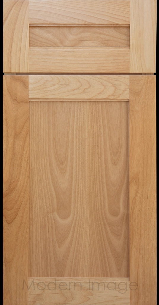Destin shaker cabinet in Natural Stain featuring ledge detail and vertical joints around a recessed center panel.